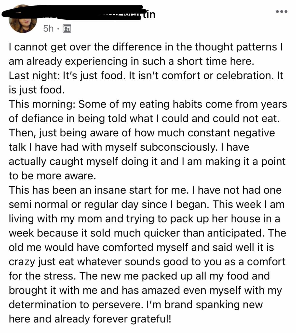 Member post: the new me packed up all my food and brought it with me during a stressful week. Brand new here and already forever grateful.